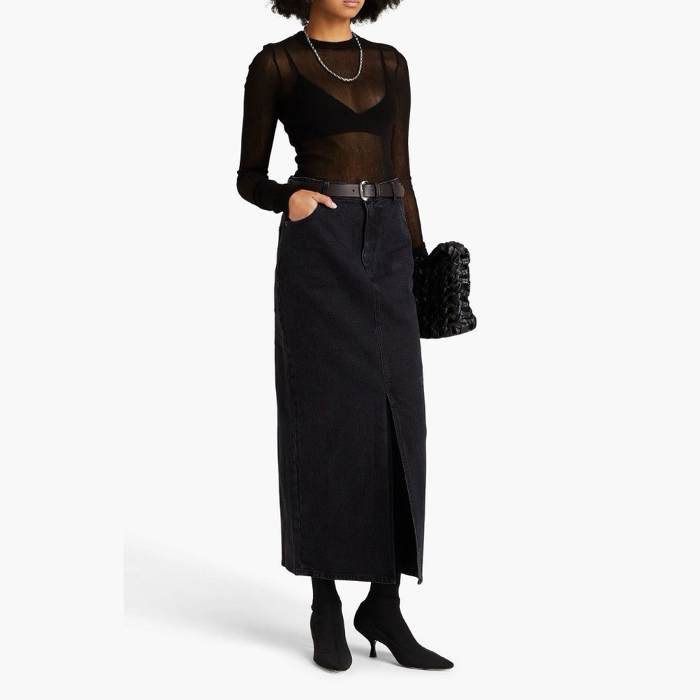 Madewell Black Midi Denim Skirt with Center Front Slit